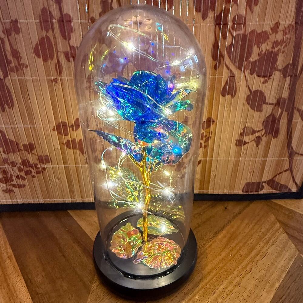 LED Blue Rose Glass Dome Light Beauty and the Beast Style Decor